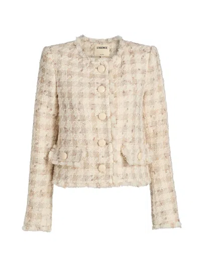 L'agence Zell Collarless Jacket In Taupe Grey Houndstooth In Neutral