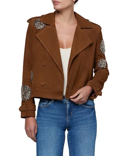 L'agence Xoey Suede Crystal Trim Cropped Trench Coat In Brown