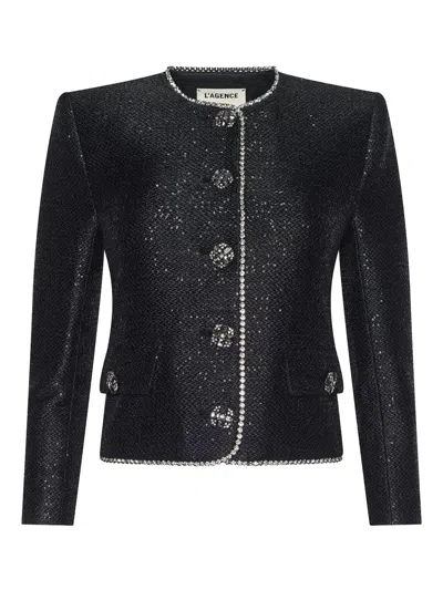 L'agence Zell Crystal Trim Tweed Jacket In Black Sequin