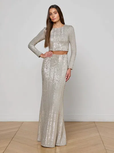 L'agence Zeta Sequin Long Skirt In Silver