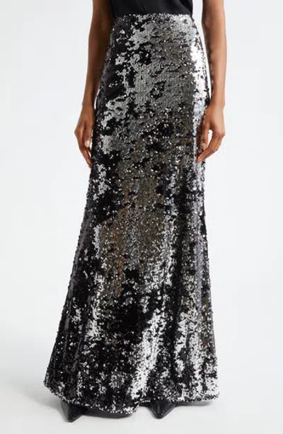 L'agence Zeta Sequin Maxi Skirt In Silver/ Black Sequin