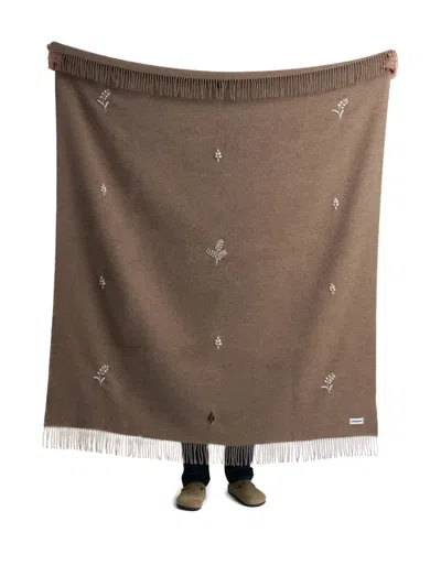 Lagomoro Bucaneve Floral-embroidered Fringed Blanket (180cm X 135cm) In Brown