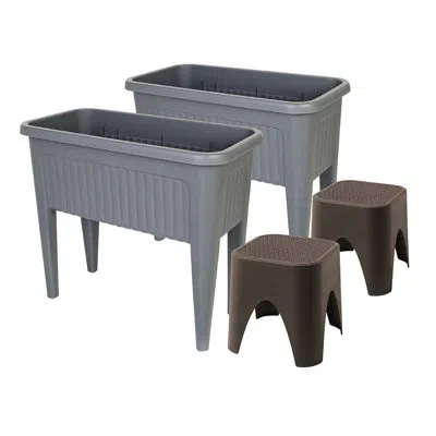 Lagoon Provence Raised Resin Garden Bed And Stool 4 Pc Set In Gray