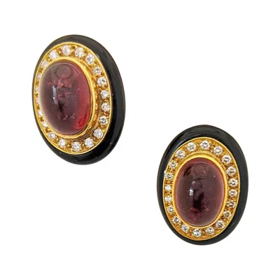 Pre-owned Lagos 18 Karat Gold, Pink Tourmaline Earrings With Diamonds And Black Onyx