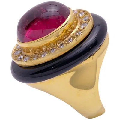 Pre-owned Lagos 18 Karat Gold Vintage Pink Tourmaline Ring With Diamonds And Black Onyx