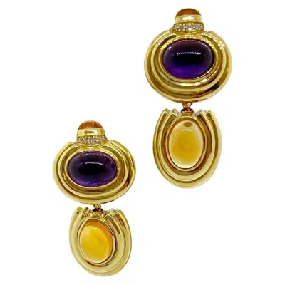 Pre-owned Lagos 18 Karat Yellow Gold Ear Clips With Cabochon Amethyst And Citrine