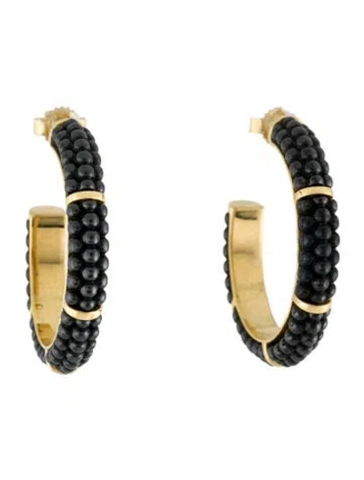 Pre-owned Lagos 18k Ceramic Beaded Hoop Earrings In Black