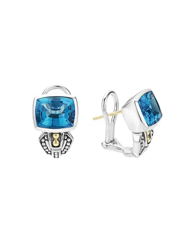 Lagos 18k Gold And Sterling Silver Caviar Color Stud Huggie Drop Earrings With Swiss Blue Topaz In Blue/silver