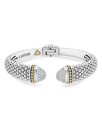 Lagos 18k Gold & Sterling Silver Caviar Diamond Cuff Bracelet, 12 Mm, Large In White/silver