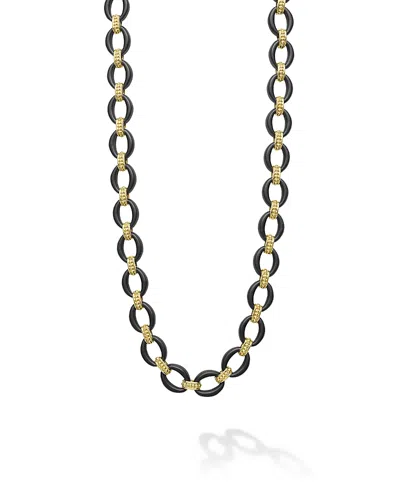 Lagos 18k Gold Matte Blue Ceramic Oval Link Necklace, 20