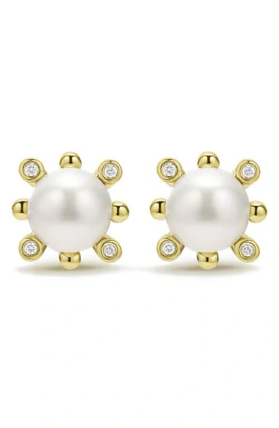 Lagos 18k Yellow Gold Luna Cultured Pearl & Diamond Fleur Stud Earrings