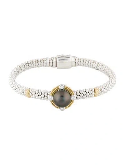 Pre-owned Lagos 18k Pearl & Diamond Luna Caviar Bangle, 6.75" In Multi