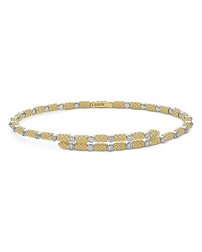 LAGOS 18K WHITE & YELLOW GOLD SIGNATURE CAVIAR DIAMOND SUPERFINE CUFF COIL BRACELET