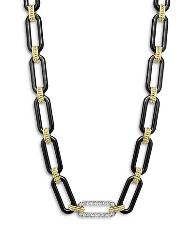 LAGOS 18K YELLOW & WHITE GOLD SIGNATURE CAVIAR DIAMOND & BLACK CERAMIC STATION LINK NECKLACE, 18