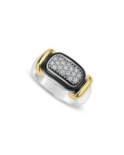 LAGOS 18K YELLOW GOLD & STERLING SILVER BLACK CAVIAR DIAMOND & BLACK CERAMIC CLUSTER RING