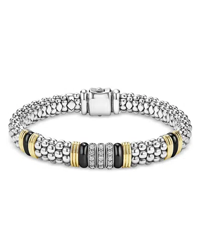 Lagos 18k Yellow Gold & Sterling Silver Black Caviar Diamond & Black Ceramic Station Bracelet