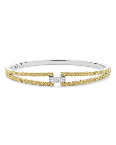 Lagos 18k Yellow Gold & Sterling Silver Caviar Lux Clip Diamond Pave Bangle Bracelet - Exclusive