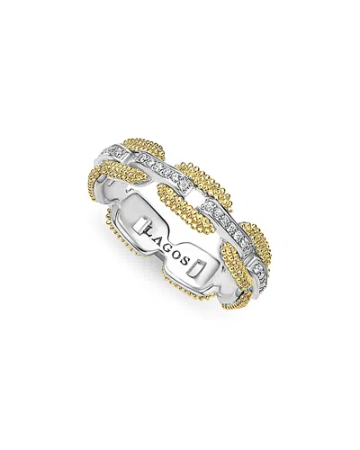 Lagos 18k Yellow Gold & Sterling Silver Caviar Lux Diamond Chain Link Ring