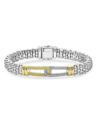 Lagos 18k Yellow Gold & Sterling Silver Caviar Lux Diamond Interlocking Loop Caviar Bead Clip Bracelet - E