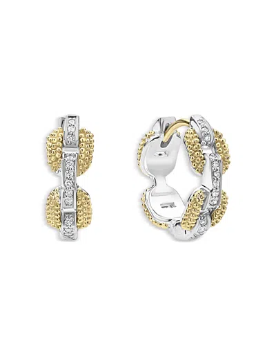 Lagos 18k Yellow Gold & Sterling Silver Caviar Lux Diamond Link Huggie Hoop Earrings