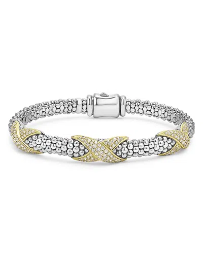 LAGOS 18K YELLOW GOLD & STERLING SILVER EMBRACE DIAMOND PAVE X STATION CAVIAR BEAD BRACELET