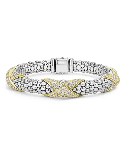 LAGOS 18K YELLOW GOLD & STERLING SILVER EMBRACE DIAMOND PAVE X STATION CAVIAR BEAD BRACELET