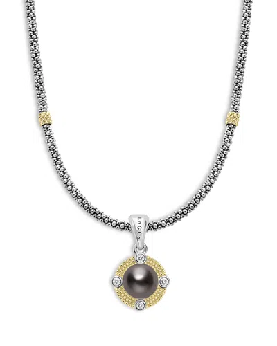 LAGOS 18K YELLOW GOLD & STERLING SILVER LUNA BLACK TAHITIAN PEARL & DIAMOND PENDANT NECKLACE, 18