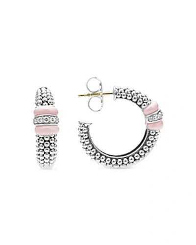 Lagos 18k Yellow Gold & Sterling Silver Pink Caviar Diamond & Pink Ceramic Bead Hoop Earrings In Pink/silver