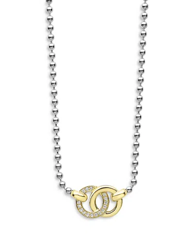 LAGOS 18K YELLOW GOLD & STERLING SILVER SIGNATURE CAVIAR DIAMOND INTERLOCKING PENDANT NECKLACE, 16-18