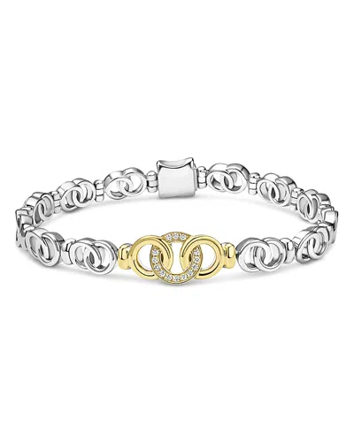 LAGOS 18K YELLOW GOLD & STERLING SILVER SIGNATURE CAVIAR DIAMOND INTERLOCKING RING LINK BRACELET