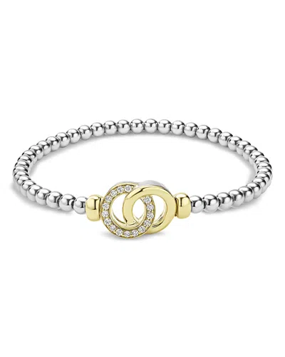 Lagos 18k Yellow Gold & Sterling Silver Signature Caviar Diamond Interlocking Ring Stretch Bracelet In Pink