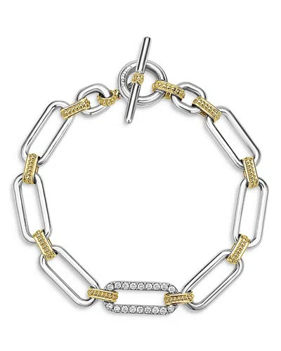 Lagos 18k Yellow Gold & Sterling Silver Signature Caviar Diamond Open Link Toggle Bracelet In Two-tone