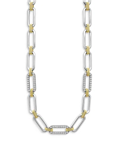 Lagos 18k Yellow Gold & Sterling Silver Signature Caviar Diamond Trio Station Link Collar Necklace, 18 In Silver/gold