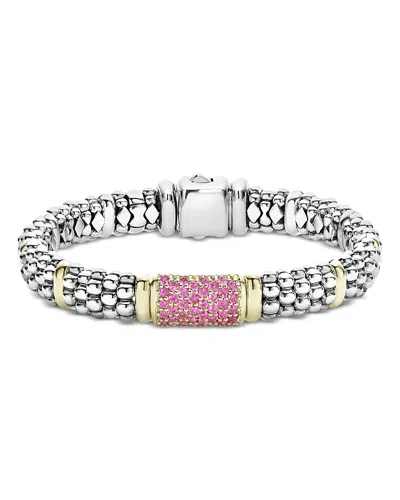 Lagos 18k Yellow Gold & Sterling Silver Signature Caviar Pink Sapphire Pave Link Bracelet In Pink/silver