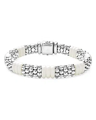 Lagos 18k Yellow Gold & Sterling Silver White Ceramic Rondelle & Caviar Bead Statement Bracelet In White/silver