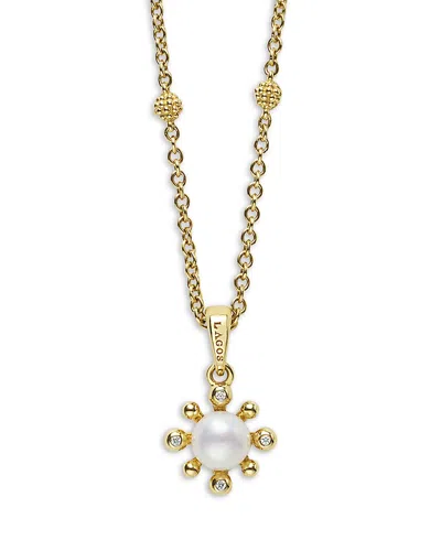 Lagos 18k Yellow Gold Luna Cultured Pearl & Diamond Fleur Pendant Necklace, 16-18