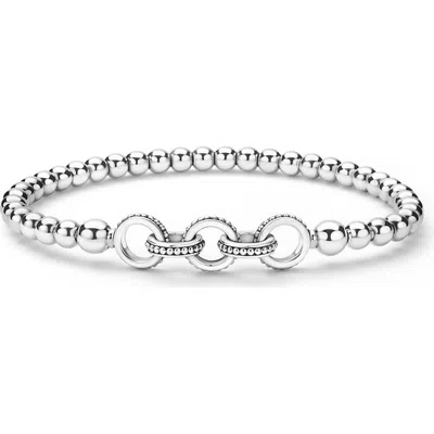 Lagos Sterling Silver Signature Caviar Interlocking Rings Beaded Stretch Bracelet In White
