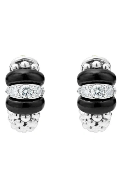 Lagos Black Caviar Diamond Huggie Hoop Earrings In Silver