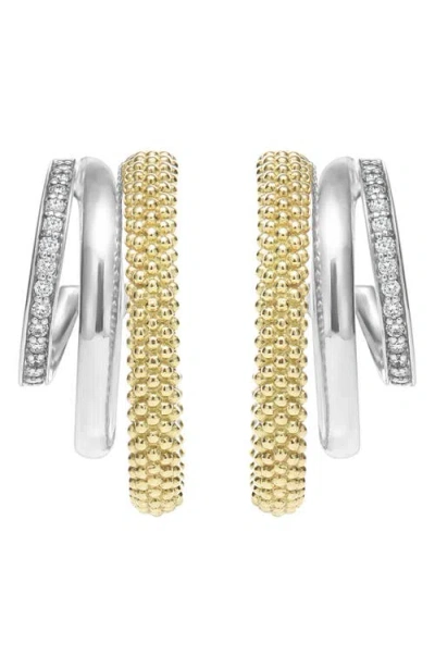 Lagos Two Tone Caviar Lux Three Ring Diamond Hoop Earrings, 0.16 Ct. T. W. In Two-tone