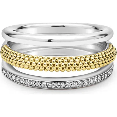 Lagos Two Tone Caviar Lux Three Row Diamond Ring, 0.135 Ct. T. W. In Two-tone