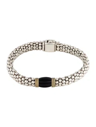 Pre-owned Lagos Caviar Onyx Two-tone Station Bracelet, 7" In Multi