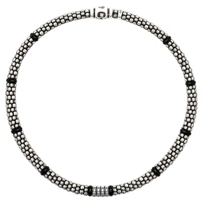 Pre-owned Lagos Caviar Silver Pave Diamond & Black Ceramic Station 16" Necklace