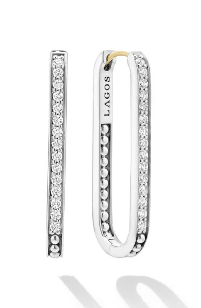 Lagos Caviar Spark Large Linear Diamond Hoop Earrings In Silver