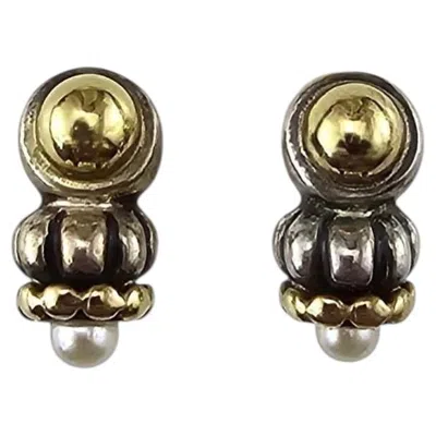 Pre-owned Lagos Caviar Sterling Silver And 18k Yellow Gold Pearl Earrings #25338