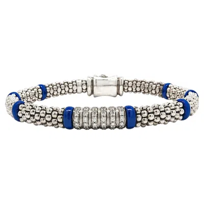 Pre-owned Lagos Caviar Sterling Silver W/ Diamond & Blue Ceramic Station Bead Bracelet