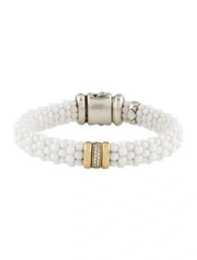 Pre-owned Lagos Ceramic & Diamond Caviar Single Station Bracelet, 5.75" In White