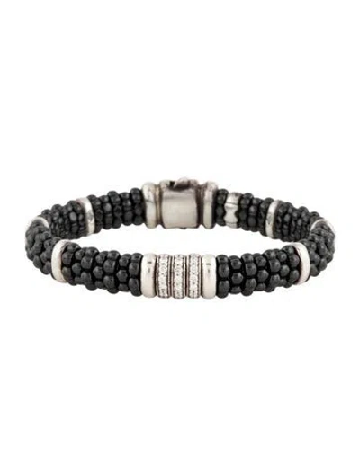 Pre-owned Lagos Ceramic & Diamond Three Station Bracelet, 6.75" In Black