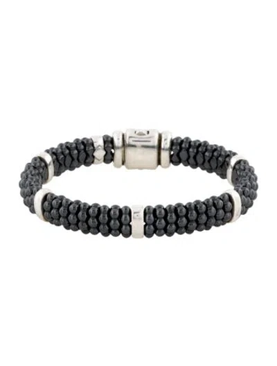 Pre-owned Lagos Ceramic Caviar Beaded Station Bracelet, 6" In Black