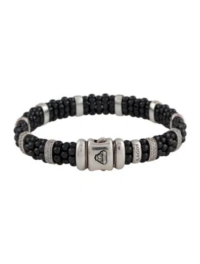 Pre-owned Lagos Diamond & Ceramic Black Caviar Station Bracelet, 6.5"