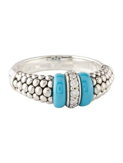 Pre-owned Lagos Diamond & Ceramic Caviar Band In Blue